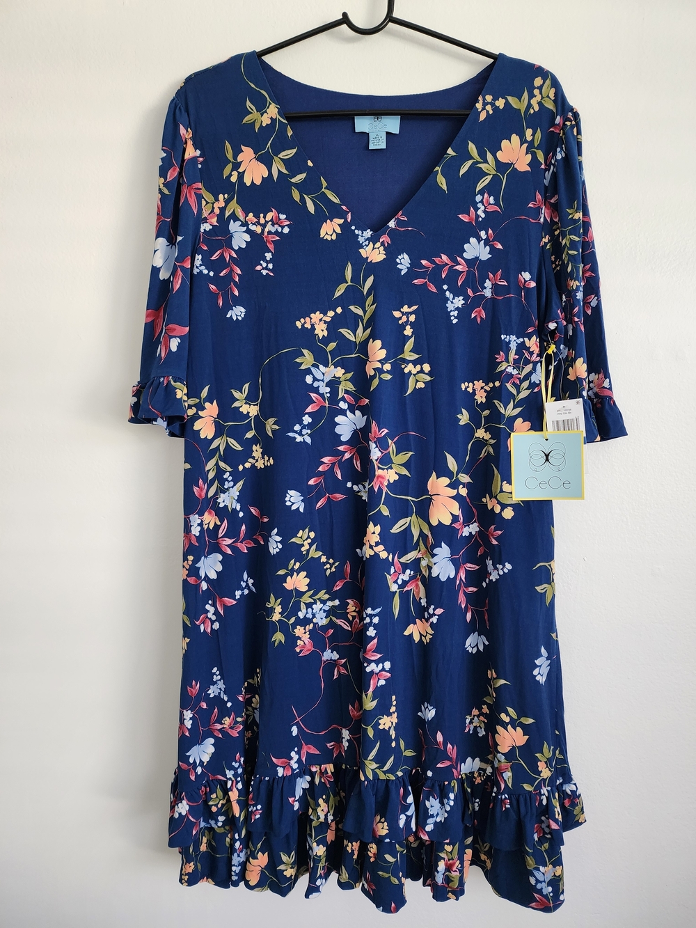 CeCe Navy Blue Floral V-Neck Ruffle Hem Dress XL NWT